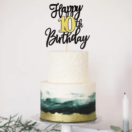 Vista 5 de 1 PCS Decoración para Pastel Feliz Cumpleaños Número 10 Negro Dorado con Purpurina Brindis por 10 Años Selección de Pastel de Cumpleaños 10 Fabuloso