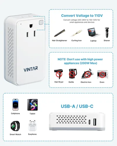 Vista 4 de VINTAR - Convertidor de 220 V a 110 V para viajes europeos, mini adaptador universal de viaje de 200 W, convertidor de voltaje de EE. UU. a Europa