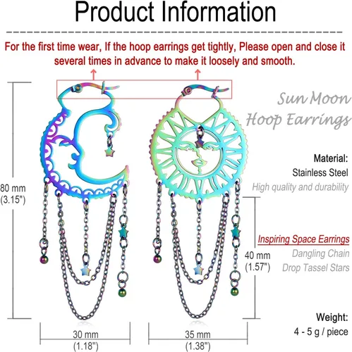 Vista 6 de Aretes asimétricos de sol y luna para mujer, aretes bohemios de arco iris, cadena de borla de estrella, aretes colgantes de acero inoxidable