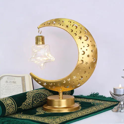 Vista 5 de Decoración de Ramadán, luces de Ramadán de luna y estrella para mesa, decoraciones de Ramadán para el hogar, interior y exterior, lámpara de luna