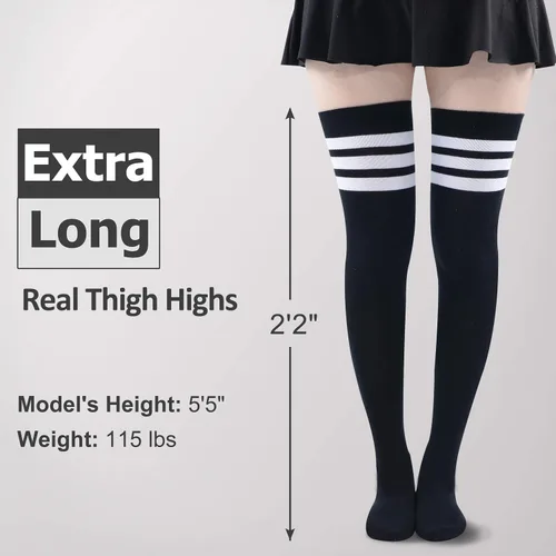 Vista 2 de Calcetines altos por encima de la rodilla, para mujeres y niñas, extra largos, a rayas, para cosplay, cosplay, medias altas hasta el muslo, 3 pares