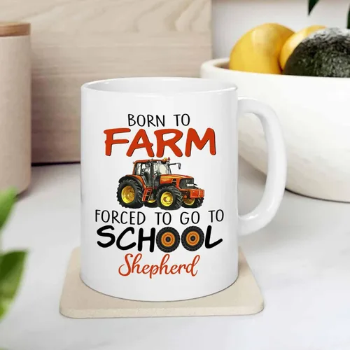 Vista 4 de Tazas de café personalizadas con nombre "Born To Farm Forced To Go To School" de 11 onzas y 15 onzas, taza de café personalizada para tractores
