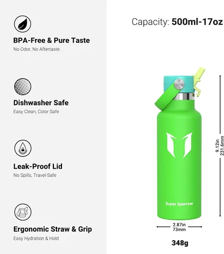 Vista 3 de Super Sparrow Botella de Agua Aislada - 17 Oz / 25 Oz / 34 Oz - Frasco FlipFlow de Boca Estándar - Libre de BPA, Botella a Prueba de Fugas