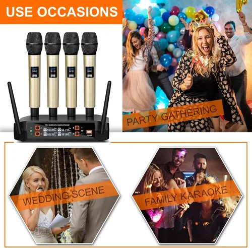 Vista 8 de Depusheng Micrófono inalámbrico DX4 con 4 micrófonos dinámicos UHF profesionales, sistema de micrófono de mano inalámbrico para karaoke, canto