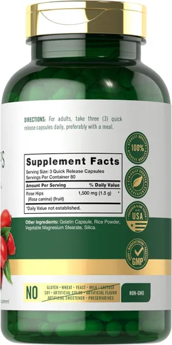 Vista 2 de Carlyle Rose Hips 1500 mg 240 cápsulas de liberación rápida Suplemento herbario sin OMG y sin gluten