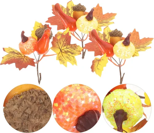 Vista 3 de Abaodam 10 piezas de ramas artificiales de hoja de arce, púas de otoño de imitación con calabazas, conos de pino para granja, otoño, Acción