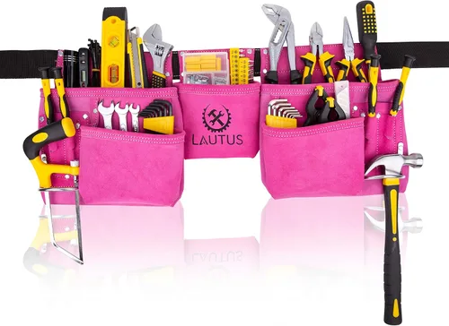 Vista 3 de LAUTUS Cinturón de herramientas rosa/bolsa/bolsa, carpintero, construcción, enmarcadores, electricista 11 bolsillos 2 soportes de martillo