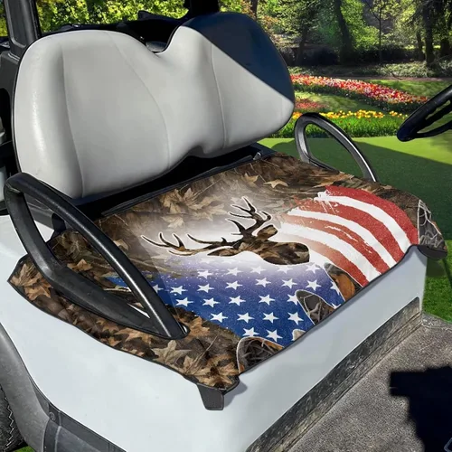 Vista 3 de Fundas de asiento de carrito de golf con diseño de hojas de ciervo y bandera estadounidense, funda de asiento reutilizable anticalor, protector