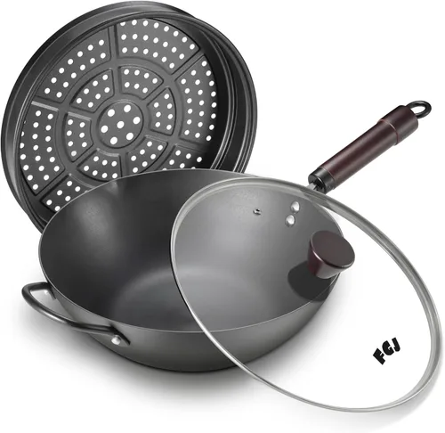 Vista 6 de Wok, woks y sartenes de acero al carbono de 13 pulgadas antiadherentes, wok chino de 5.8QT con fondo plano pre-curado con tapa, sartenes de paella