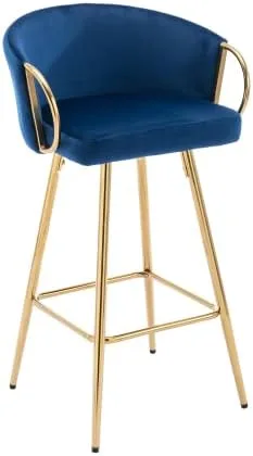 Vista 4 de Taburetes de bar modernos de terciopelo, juego de 2 taburetes de bar con respaldo y reposapiés cromados, taburetes de bar altos con patas doradas