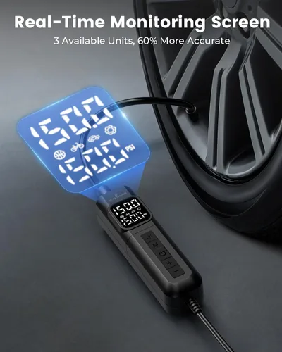 Vista 6 de Compresor de aire portátil para inflado de neumáticos, bomba de bicicleta de inflado rápido de 1 minuto con luz LED de manómetro digital, bomba