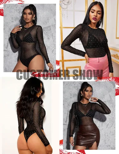 Vista 4 de Avidlove Body de malla para mujer color negro de manga larga cuello redondo leotardos transparentes body sexy con broche en la entrepierna