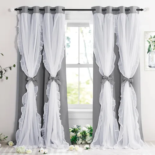 Vista 21 de PONY DANCE Cortinas con Volantes de Doble Capa con Superposición Transparente, Decoración Elegante para Ventanas de Diseño Rústico Francés de Campo