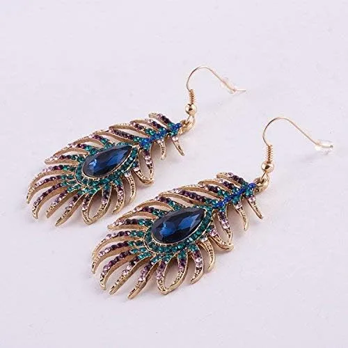 Vista 2 de Frogwill Pendientes colgantes de cristal para mujer con diseño de plumas de pavo real