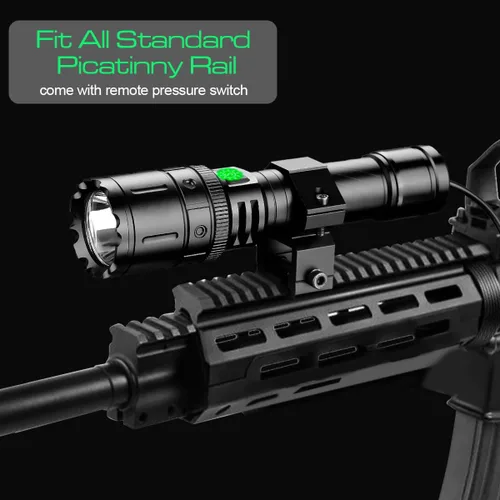 Vista 4 de Linterna táctica Airsoft con soporte de riel Picatinny, recargable por USB, 5 modos de luz e interruptor de presión remoto, luz táctica impermeable