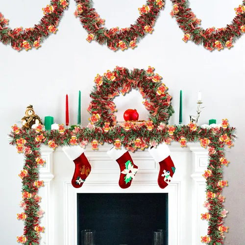 Vista 3 de Guirnalda de oropel de Navidad de 50 pies con adorno de hombre de jengibre, guirnalda metálica brillante roja y verde para árbol de Navidad, hogar