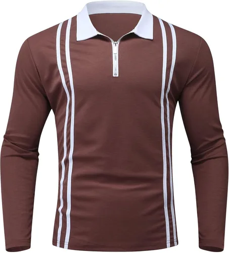 Vista 3 de Camisa polo de manga larga para hombre, ajuste delgado, con cremallera de 14, vintage, a rayas, ligera, para golf, casual, para negocios, para hombre