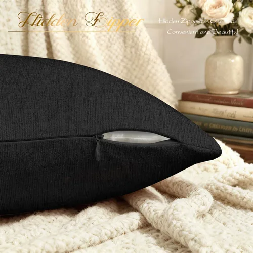 Vista 5 de BRAWARM Fundas de almohada 40x40 cm - Paquete de 2 fundas de almohada de chenilla negra, fundas de almohada de chenilla suave teñida sólida