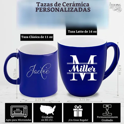 Vista 2 de The Wedding Party Store Taza de café con leche grabada personalizada, taza de café y té personalizada (azul)
