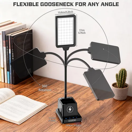 Vista 9 de Lámpara de escritorio LED Cozoo para hogar y oficina, lámpara de escritorio brillante de 15W con cargador inalámbrico y soporte para bolígrafos