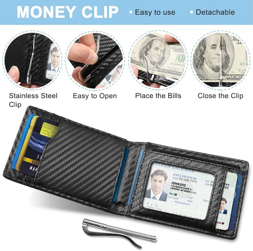 Vista 5 de Yunerz Tarjetero plegable para hombre con clip para dinero (negro (artesanía de carbono)), Negro -, Cartera plegable de cuero de fibra de carbono