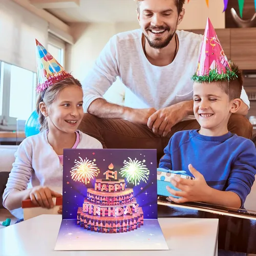 Vista 2 de Yinqing Tarjetas de cumpleaños número 11, tarjeta de felicitación de pastel de cumpleaños con luz y música, tarjeta de felicitación de regalo