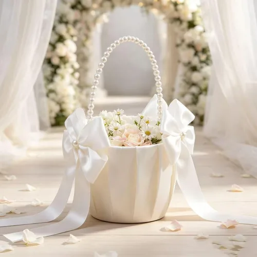 Vista 2 de Cestas de niña de flores para boda, cesta de flores marfil con mango de perlas, juego de 2 cestas de boda para niñas de flores