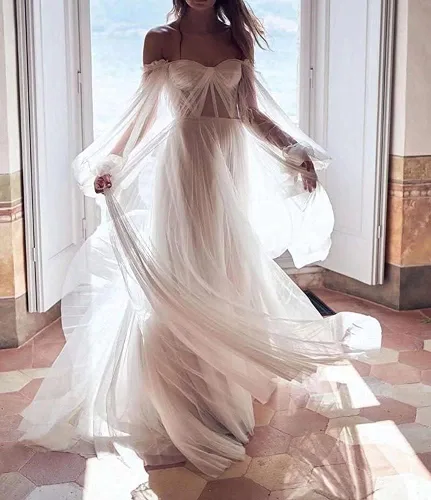 Vista 2 de Vestidos de fiesta de manga hinchada 2024, vestidos largos de baile para mujer, vestido formal de tul con hombros descubiertos, vestido de princesa