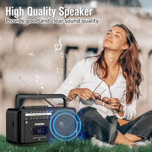 Vista 8 de Gelielim Reproductor de cinta de casete Bluetooth Boombox, reproductor de cassette radio estéreo AM/FM/SW, reproductor de cinta/grabadora
