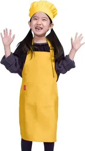 Vista 14 de Juego de delantal y gorro de chef para niños, delantal ajustable con babero para niños con 2 bolsillos. Lindo delantal de cocina para niños y niñas