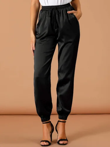 Vista 2 de Allegra K Pantalones deportivos de satén con cordón elástico para mujer, longitud al tobillo, con bolsillo