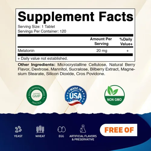 Vista 2 de Vitamatic Tabletas de melatonina de 20 mg – Sabor natural a bayas – 120 tabletas vegetarianas por botella – 6 botellas (total 720)