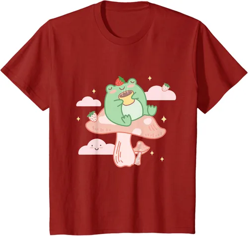Vista 61 de Kawaii Strawberry Frog On Mushroom - Camiseta de manga corta de anime, Azul / Patchwork, S Azul Pastel