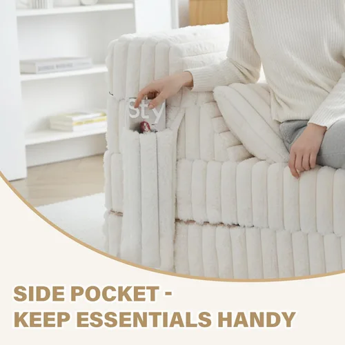 Vista 5 de Tiita Sofá Cama Plegable - Silla Reclinable Convertible de 4 Pliegues con Funda de Pana y Almohada Rectangular, Colchón de Sofá de Suelo para beige