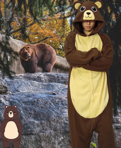 Vista 3 de Oiziuzio Disfraz de oso para adultos, pijama unisex de oso de animales, para Halloween, cosplay, ropa de dormir, para el hogar, color marrón