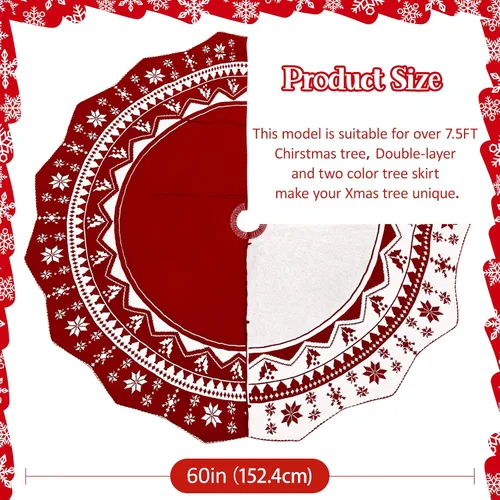 Vista 4 de OurWarm Falda de árbol de Navidad de 60 pulgadas, falda de árbol de punto rojo con patrón de flor de pascua, falda rústica de doble cara para árbol