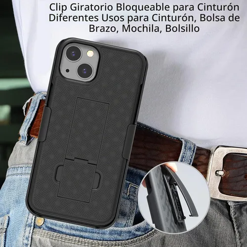 Vista 5 de Ailiber - Funda con clip para cinturón para iPhone 13/14, protector de pantalla, color negro Swivel Stand Holder, Slim Shell Slide Pouch Full Body