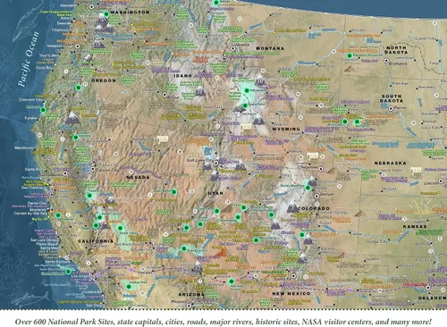 Vista 4 de GEOJANGO National Parks Push Pin Map with Terrain, USA Interstates, All NPS Sites, Landmarks, Highest Peak by State - Voyager Edition - Framed Map