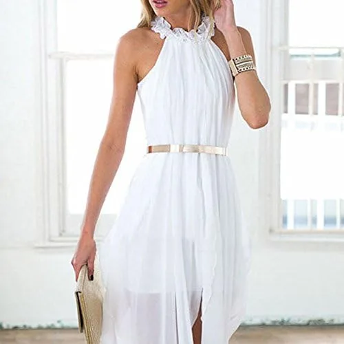 Vista 5 de Vestido de gasa transparente con pliegues para mujer, corte holgado de longitud corta y larga, delicado cinturón dorado