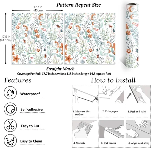 Vista 8 de VEELIKE Beetles - Papel tapiz floral para despegar y pegar, papel tapiz de flores azules y naranjas para dormitorio y baño, papel de contacto floral