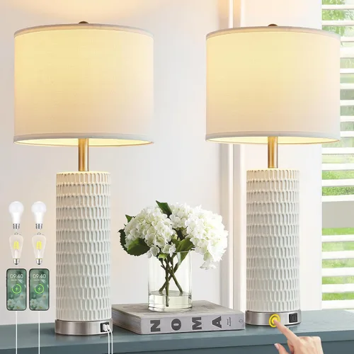 Vista 8 de Reaketon Juego de 2 lámparas blancas de 67.3 cm para recámara, lámparas de mesa modernas para sala de estar con puertos USB C+A, lámparas táctiles