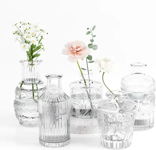 Vista 2 de Gather & Bloom Creations Juego de 5 Mini Floreros – Jarrones Pequeños de Cristal Transparente en Formas y Tamaños Únicos para Flores, Luces