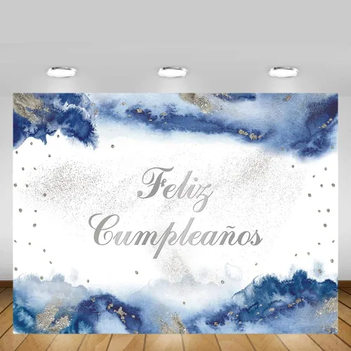Vista 5 de MEHOFOND Telón de fondo de feliz cumpleaños de 7 x 5 pies para niño, fiesta mexicana, suministros de decoración de fiesta de feliz cumpleaños, Azul