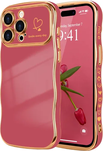 Vista 103 de LCHULLE - Funda para iPhone Air, linda para mujeres y niñas, con forma de onda, color azul bebé Luxury Plating Curly Wavy Frame with Love Heart
