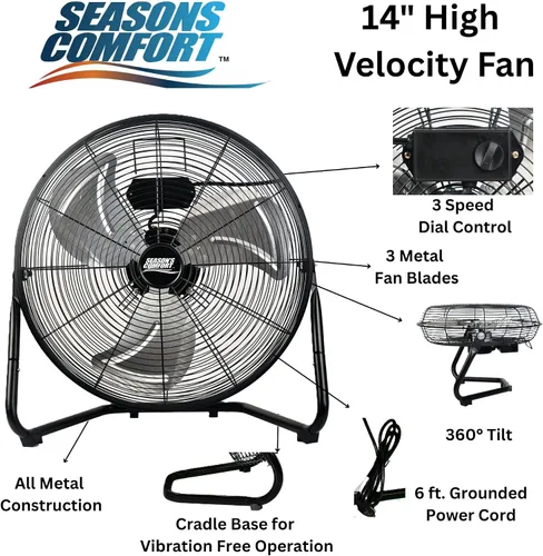 Vista 5 de Seasons Comfort Ventilador resistente de alta velocidad de 14 pulgadas 60 Watt, Heavy Duty Fan, ETL Listed, 3 Speed Air Circulator with 360 Degree