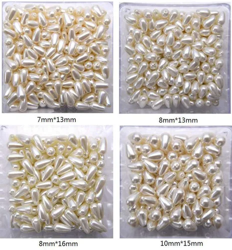 Vista 4 de Cuentas de perlas de imitación, cuentas de joyería de perlas de plástico blanco con agujero recto en forma de gota, cuentas de imitación de perlas