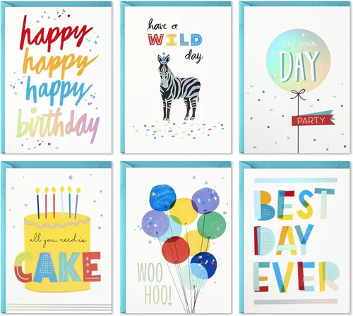 Vista 2 de Hallmark Surtido de tarjetas de cumpleaños, 24 tarjetas con sobres (letras arcoíris, el mejor día de la historia) y surtido de tarjetas