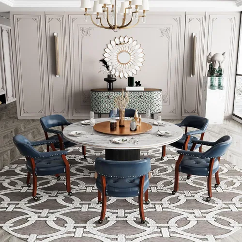 Vista 3 de Sillas de comedor con ruedas y brazo, sillas de capitán Caster Boss con patas de madera maciza, sillas de escritorio de oficina con botón tapizado