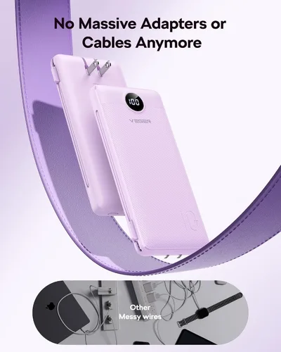 Vista 8 de VEGER Cargador portátil con enchufe de pared AC, cargador portátil delgado de 10000 mAh con cables incorporados, banco de energía USB C de 15W