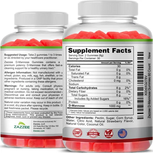 Vista 7 de Zazzee Gomitas D-manosa, 1000 mg por porción, 60 gomitas veganas, sabor a fresa, sin azúcar, potente y de acción rápida, apoyo natural para la salud